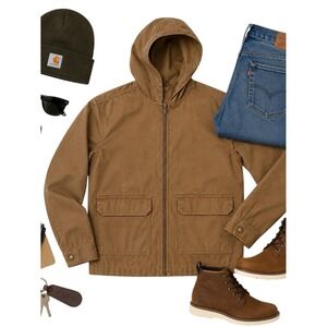 21 Men Brown Hooded Utility Jacket Small Canvas Workwear Streetwear Full Zip